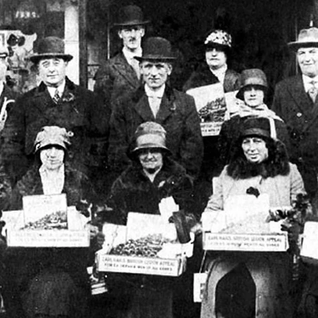 Poppy Appeal collectors from the Poppy Appeal's early days Old  black and white image of Royal British Legion Poppy Appeal collectors