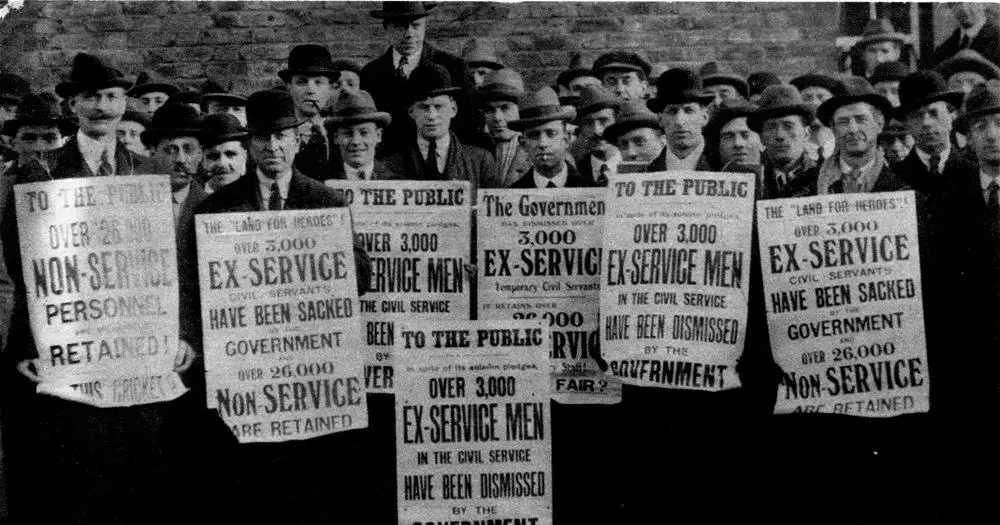 Ex-servicemen demonstrating in protest at the thousands of them who had lost their jobs after WW1