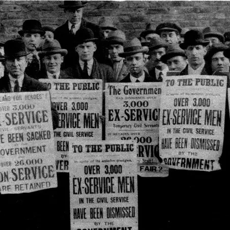 Ex-servicemen demonstrating in protest at the thousands of them who had lost their jobs after WW1