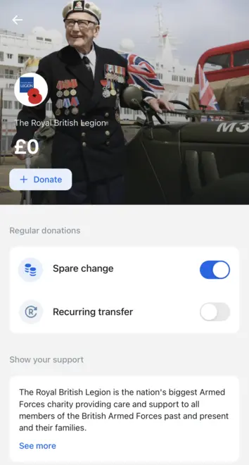 A view of how to donate in the Revolut app