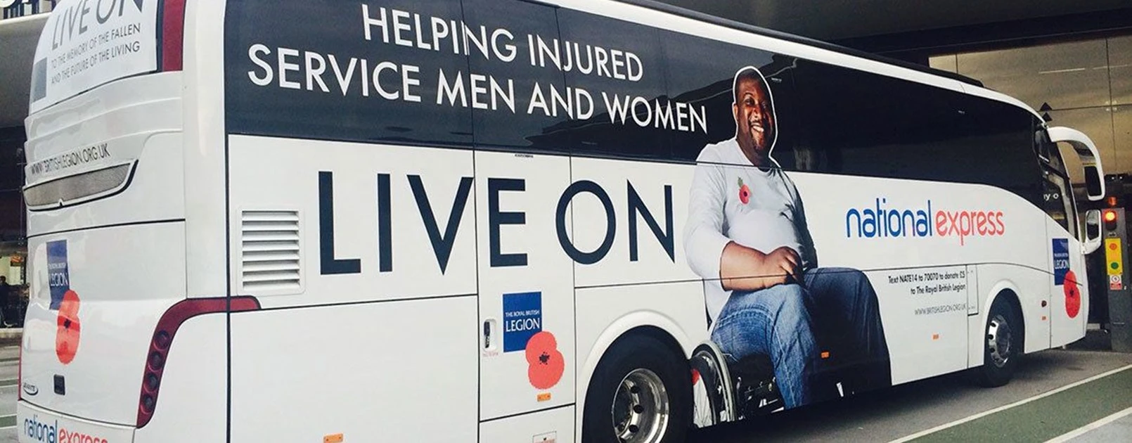 National Express coach with the Legion's logo showing our partnership with National Express