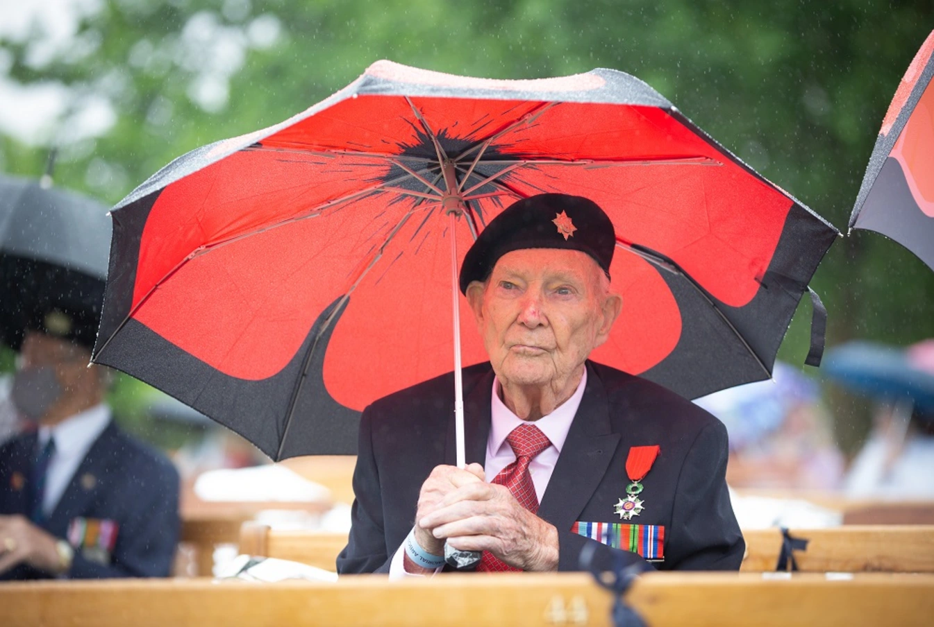 Normandy veteran sitting under umbrella at the National Memorial Arboretum