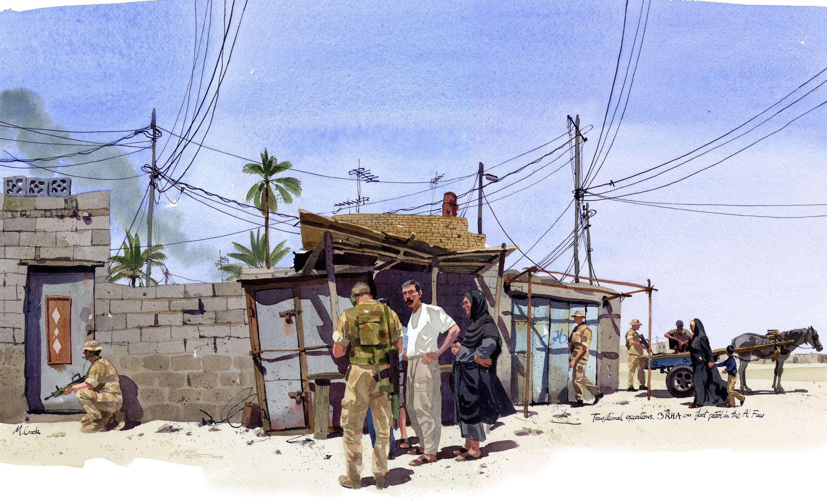 Matt Cook illustration Basra soldier and civilians