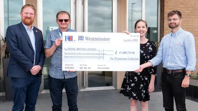 Royal British Legion accepts a cheque for £1.25million from The Westminster Collection Royal British Legion (left) accepts a cheque for £1.25million from The Westminster Collection (right)
