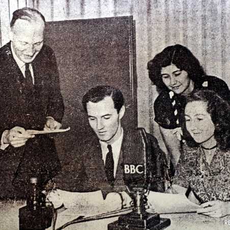 Noreen Riols during a BBC broadcast with Colonel Buckmaster, Terry Kilmartin and Margaret Lerick