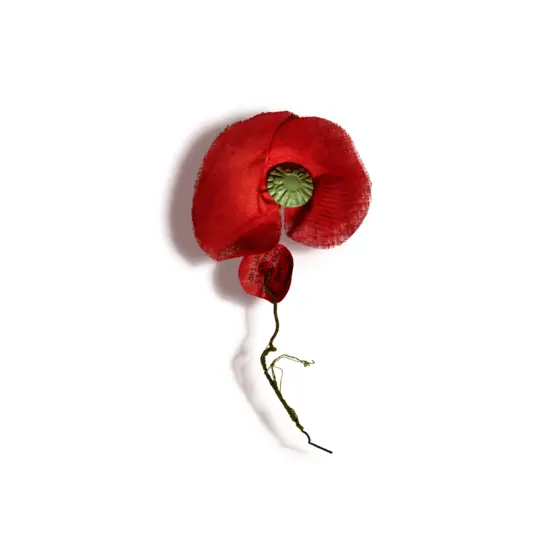 A poppy from the 1920s featuring petals made from red silk and a wire steam