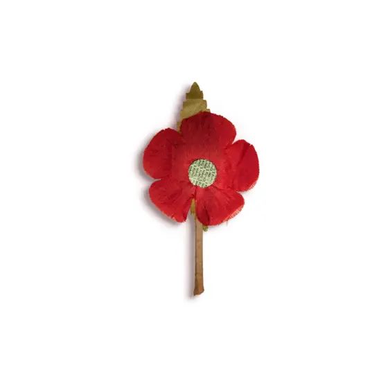 A wartime poppy made using a cardboard steam and red material for the petals.