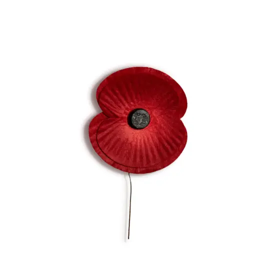 A red poppy from the 1950s featuring a black centre and a wire stem A red poppy from the 1950s featuring a black centre and a wire stem.