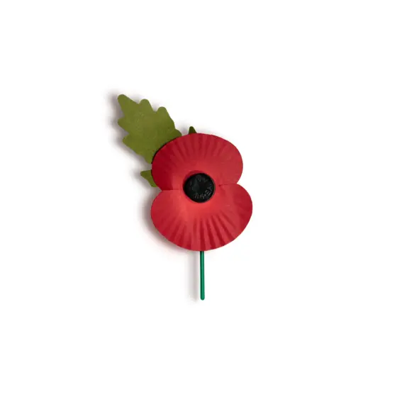The existing red poppy with petals made from specialist red paper and a green plastic stem.