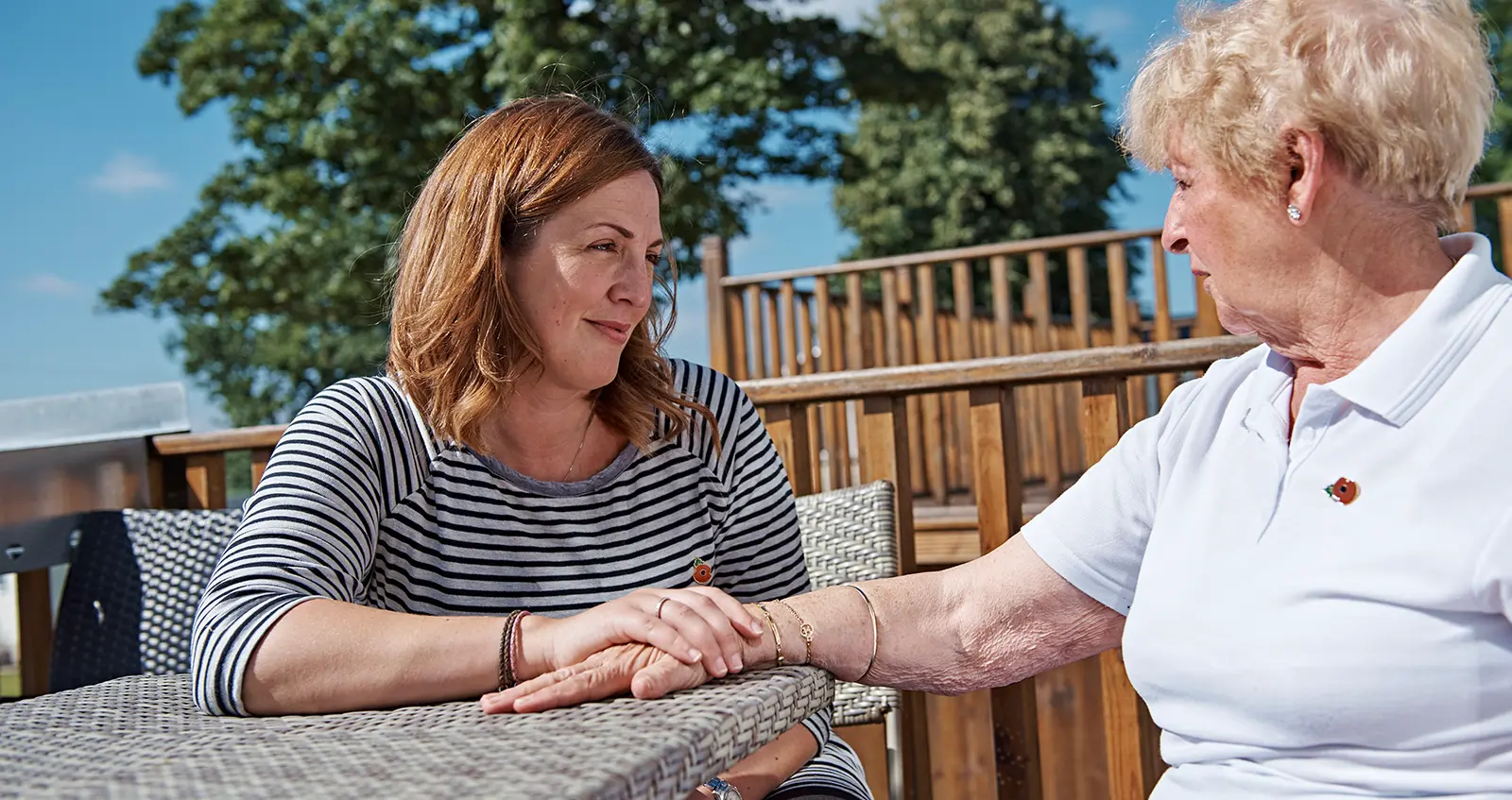 Nurse and resident holding hands