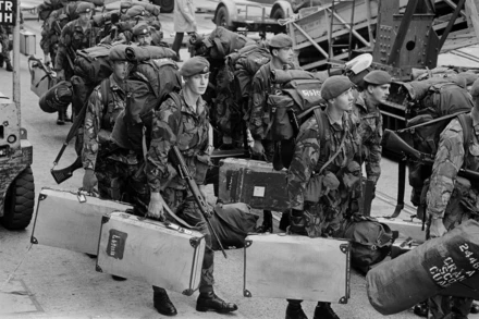 British soldiers leave Southampton aboard Queen Elizabeth 2