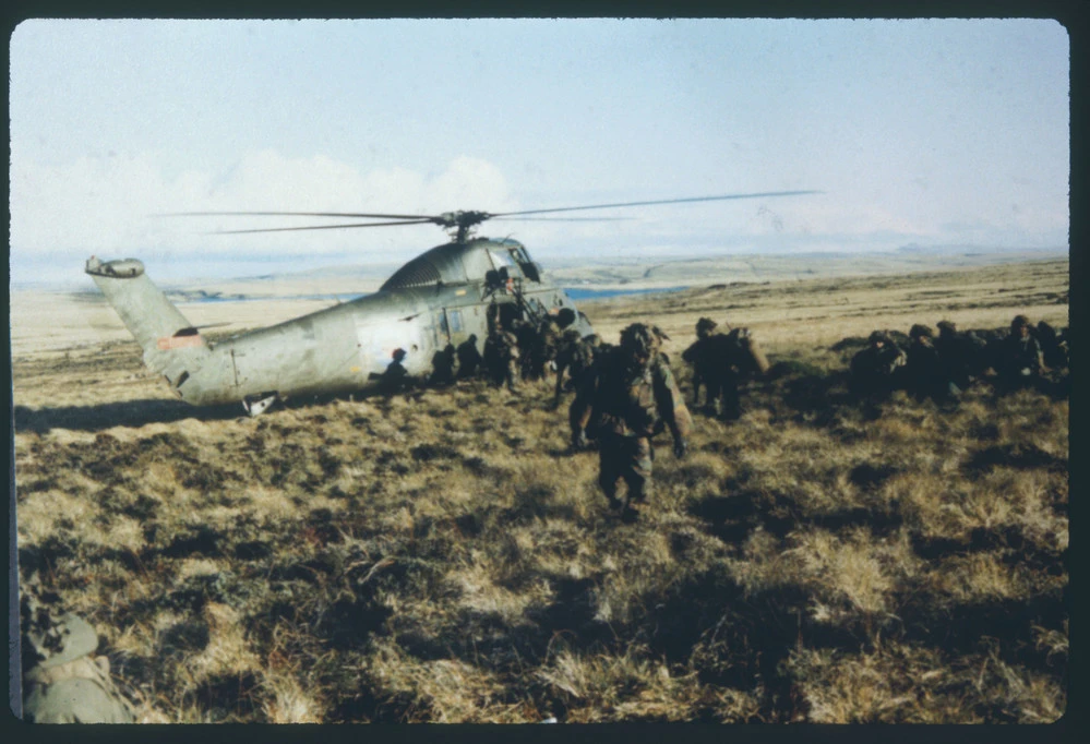 Gurkhas being air lifted from Goose Green on the Falkland Islands