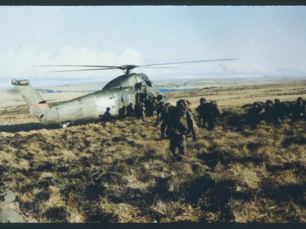 Gurkhas being air lifted from Goose Green on the Falkland Islands