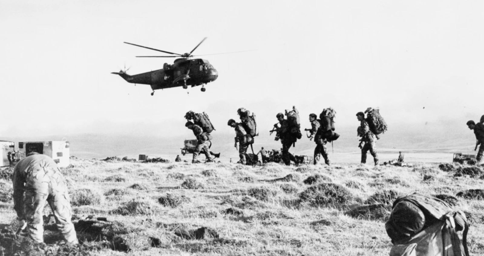 Royal Navy Sea King Helicopters transport troops
