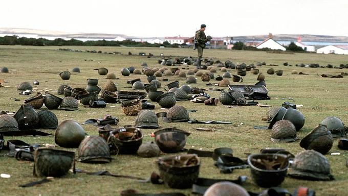 Steel helmets abandoned by Argentine armed forces who surrendered at Goose Green