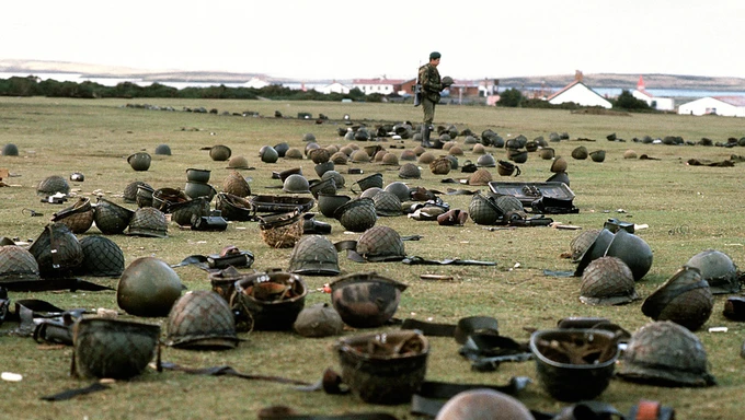 Steel helmets abandoned by Argentine armed forces who surrendered at Goose Green Steel helmets abandoned by Argentine armed forces who surrendered at Goose Green