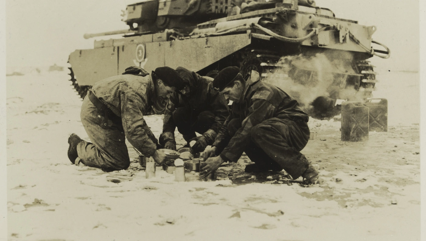 A tank crew from the 8th Hussars make a meal during their service on the Imjin, 1951 - Image courtesy of the National Army Museum, London A tank crew from the 8th Hussars make a meal during their service on the Imjin, 1951 - Image courtesy of the National Army Museum, London