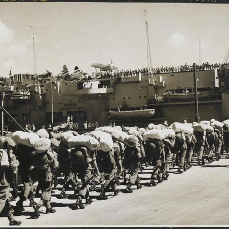 British troops board HMS 'Unicorn' at Hong Kong for the voyage to Korea - Image courtesy of the National Army Museum, London