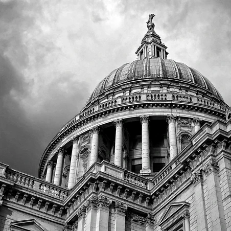 Black and white atmospheric image of St Paul's Cathedral dome 