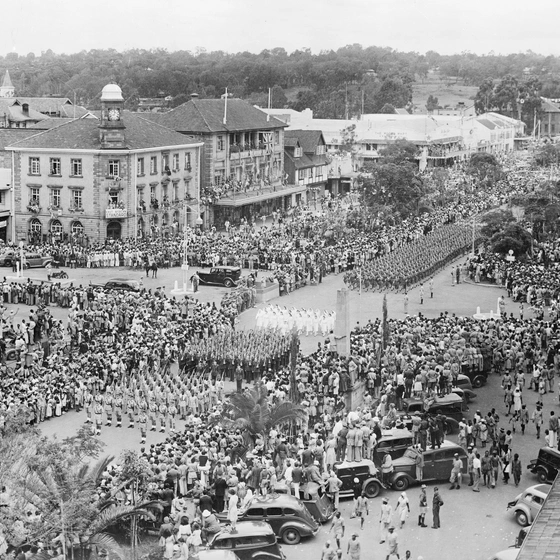VJ Day celebrations 15 Aug 1945 A parade of 5,000 troops was part of Nairobi's VJ Day Celebrations. Picture shows: The parade seen from the roof of a tall building in Delamere Avenue.