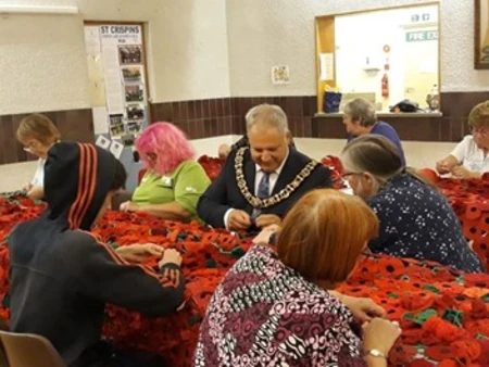 Lord Mayor of Leicester at poppy-making session ""