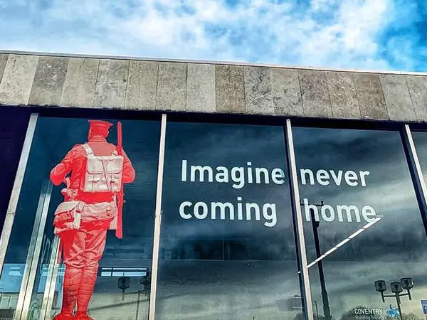“Imagine never coming home” caption on Coventry Railway Station windows