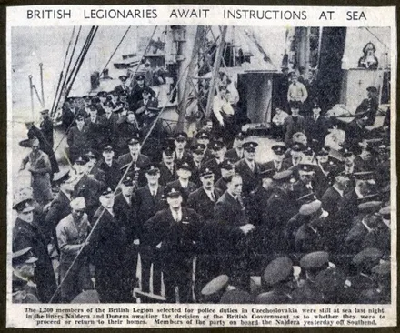 Newspaper clipping of British Legionaries await instructions at sea