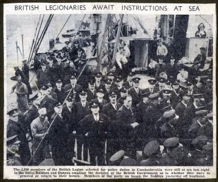 Waiting at sea Newspaper clipping of British Legionaries await instructions at sea
