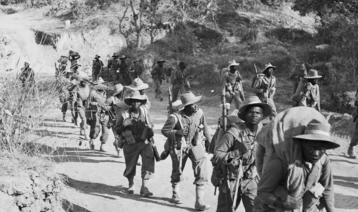 Troops of 11th East African Division on the road to Kalewa, Burma,