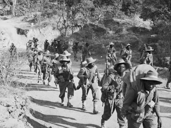 Troops of 11th East African Division on the road to Kalewa, Burma,