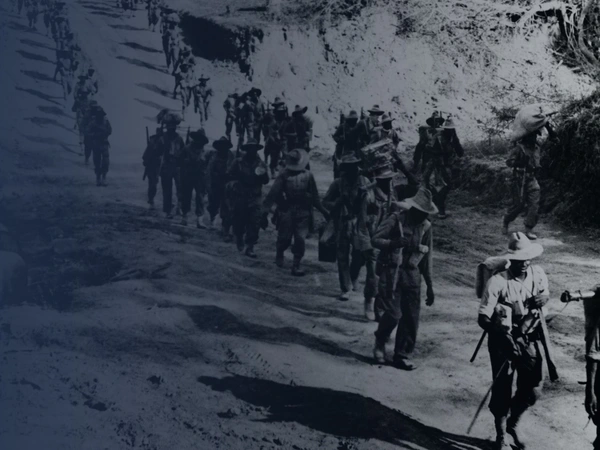 British infantry soldiers on the road to Kalewa, Burma