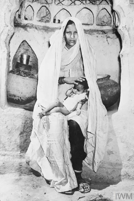 Jugri Begum, widow of Jemander Abdul Hafiz V.C. of the 9th Jat Regiment, with her three month old daughter