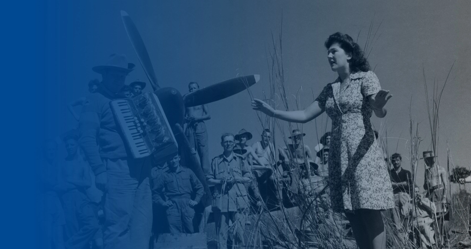 R.A.F. airman and British troops on the road to Mandalay in March 1945 are being entertained in their off-duty moments by a mixed ENSA company