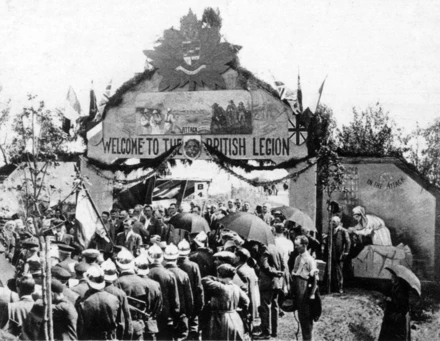 Arch of welcome at Vimy Ridge during the reception of British Legion pilgrims by the French civic authorities in August 1928