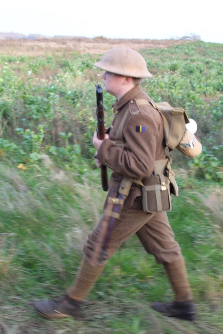 Toby Bourne walking in First World War uniform Toby Bourne walking in First World War uniform