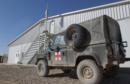 A vehicle parked outside the medical facilities at Camp Bastion
