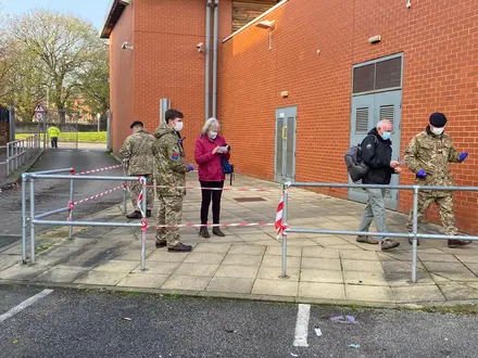 Troops from 4th Regiment Royal Artillery assisting the pubic at testing centre in Liverpool Troops from 4th Regiment Royal Artillery assisting the pubic at testing centre in Liverpool