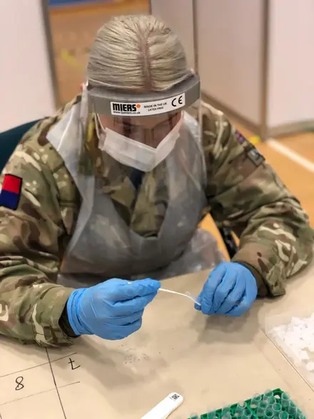 Member of 4th Regiment Royal Artillery in Liverpool testing centre