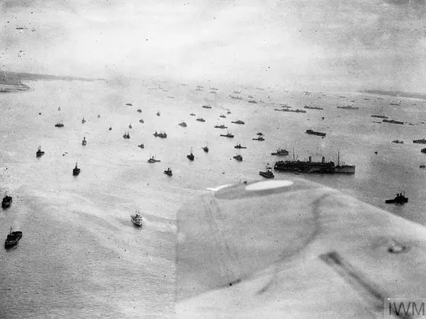Aerial photograph of ships of the Royal Navy massing off the Isle of Wight before setting off for the Normandy beaches.