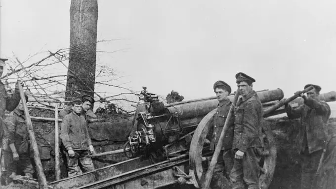 stories_ellison_trench Men standing with guns in the trenches
