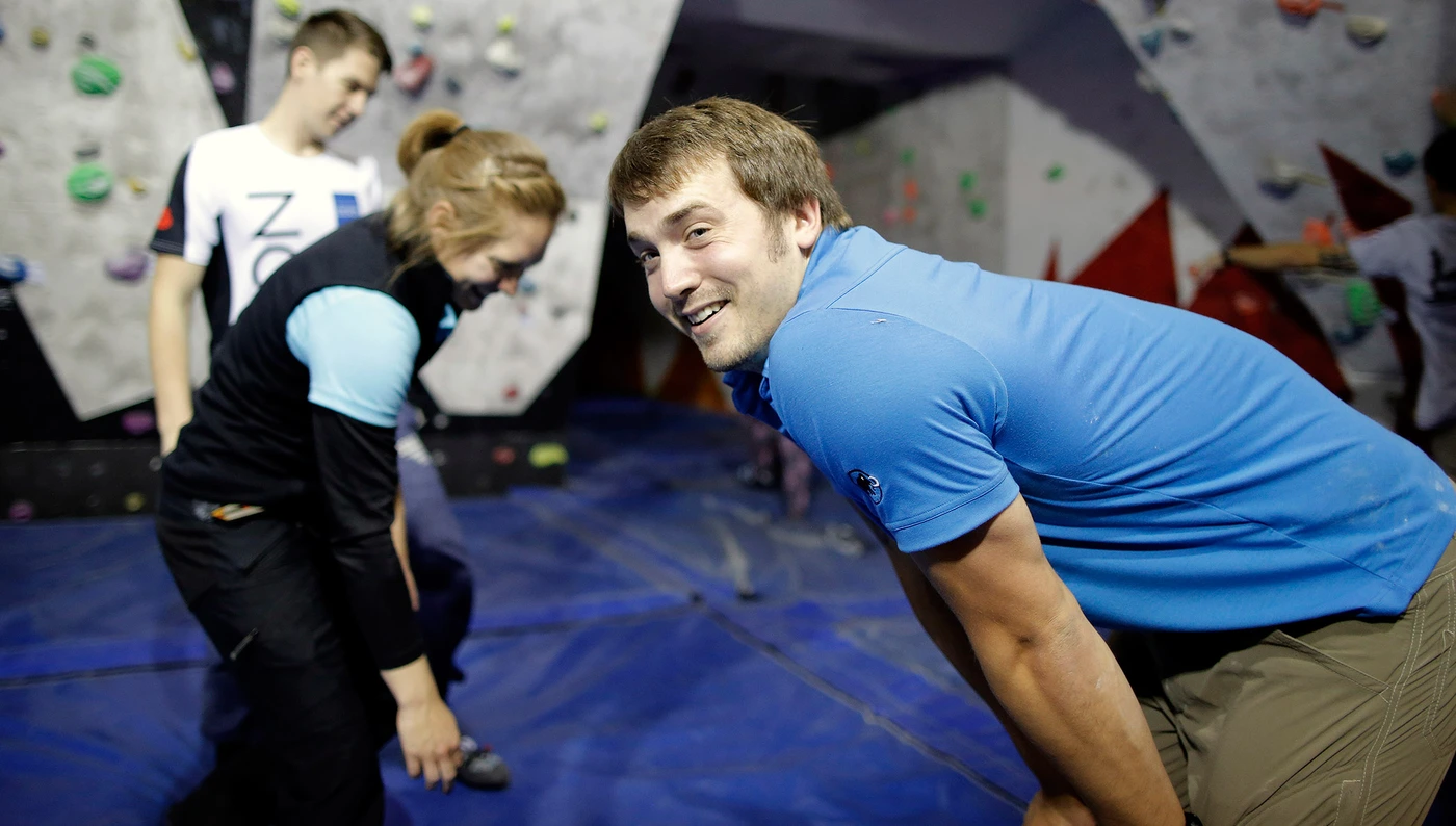 Lyndon Chatting-Walters in front of a climbing wall