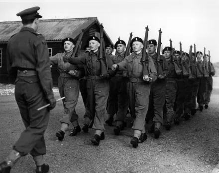 49471 Black and white photograph of National Servicemen on parade.