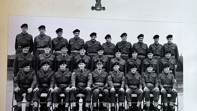 Black and white photograph of three rows of men in British Army uniforms sat down on chairs to have their photo taken.