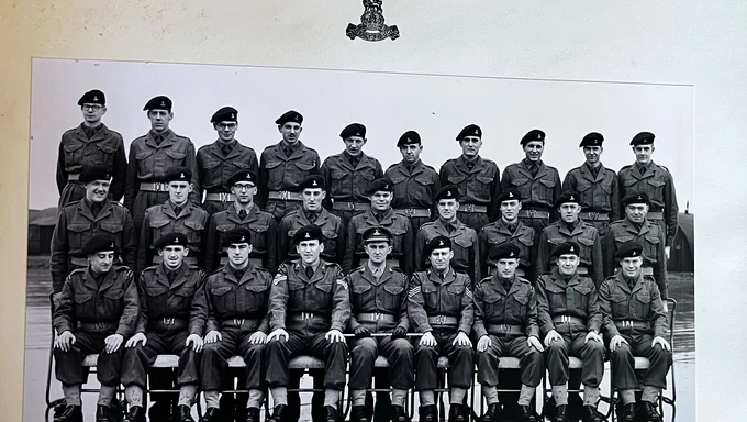 RAPC-Training-Centre-Richard-back-row-third-from-right Black and white photograph of three rows of men in British Army uniforms sat down on chairs to have their photo taken.