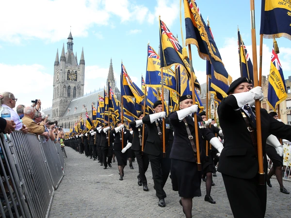 Legion Standard Bearers march through Ypres at Great Pilgrimage 90