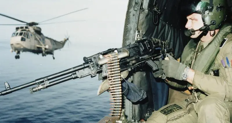 Door gunner in a Royal Navy HC.4 Sea King helicopter