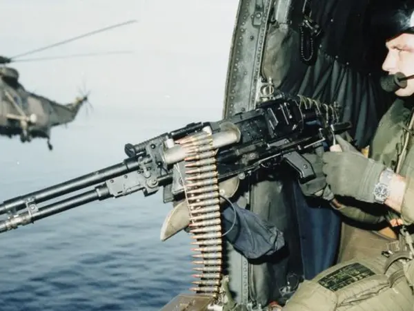 Door gunner in a Royal Navy HC.4 Sea King helicopter