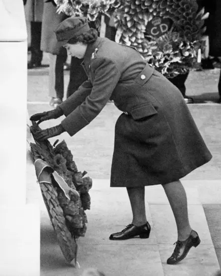 Her late Majesty The Queen laying a wreath at The Cenotaph in 1955