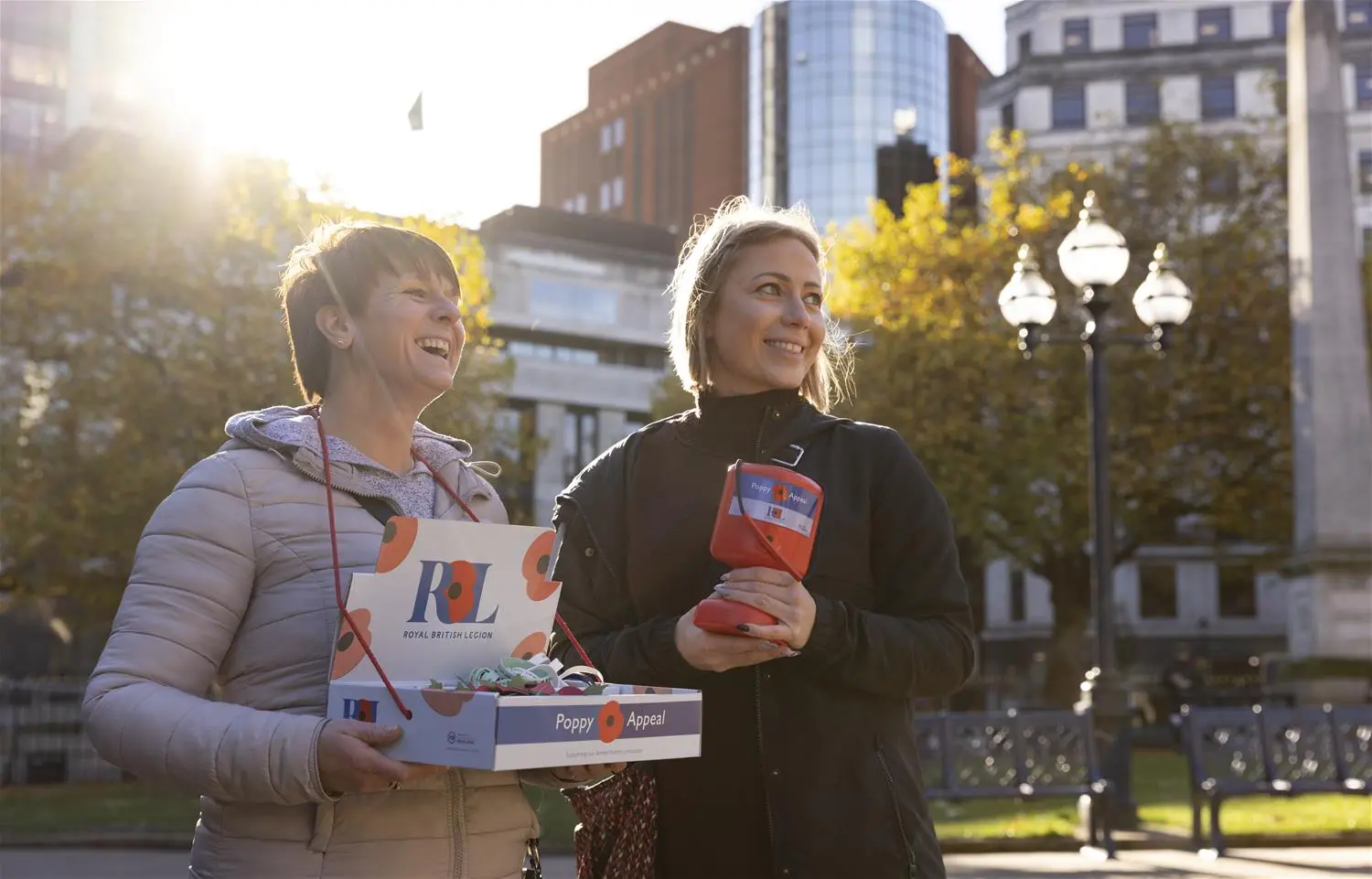 Volunteer Poppy Collectors Alicja Komar and Claire Lane at Birmingham City Poppy Day