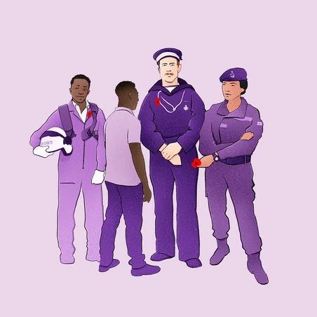 Purple graphic showing military figures